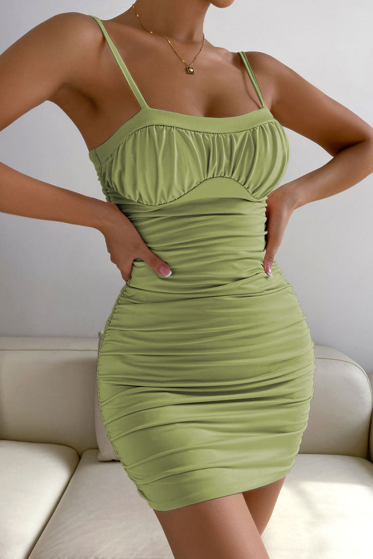 Fresh Sweetheart Neck Ruched Bodycon Sleeveless Party Mini Dress - Grass Green