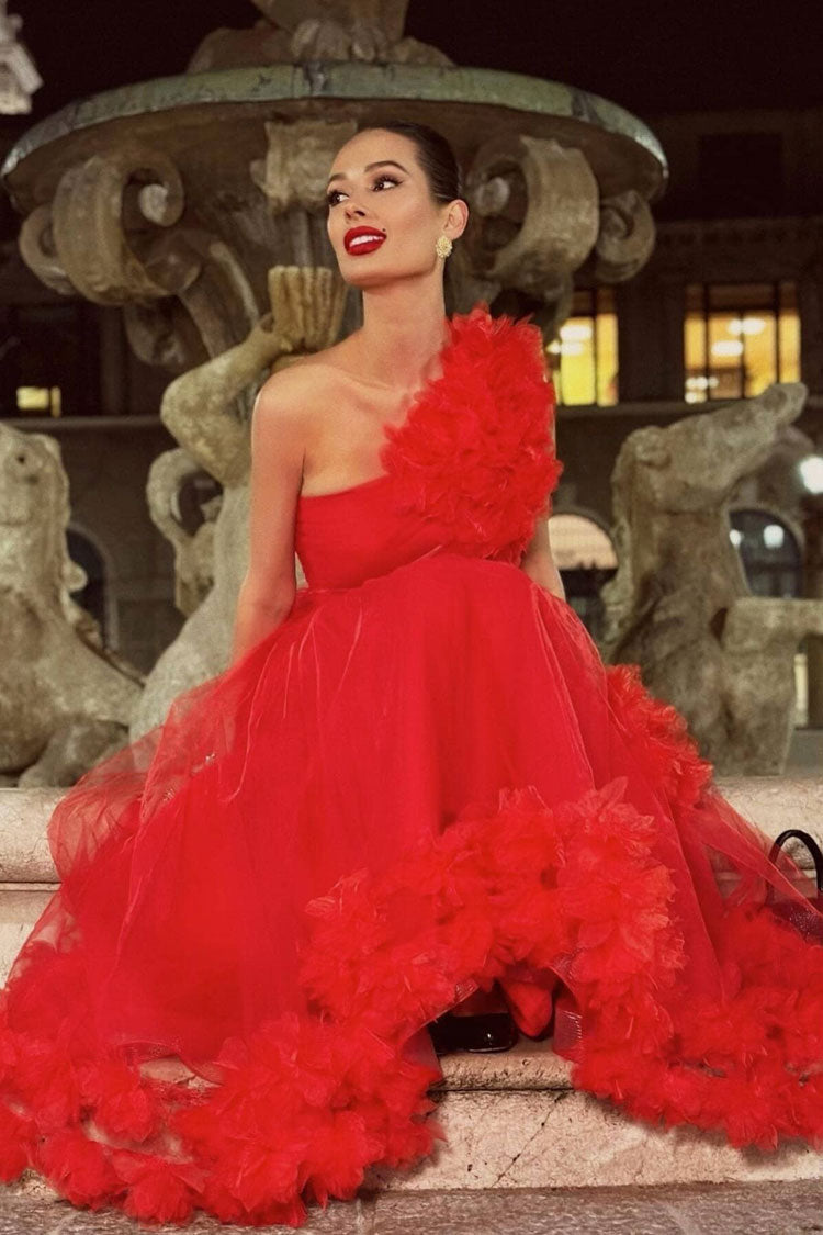 Glamorous 3D Rosette One Shoulder A Line Tulle Evening Maxi Dress - Red