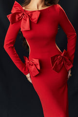Glamorous Big Bow Crew Neck Long Sleeve Cutout Back Split Evening Maxi Dress - Red