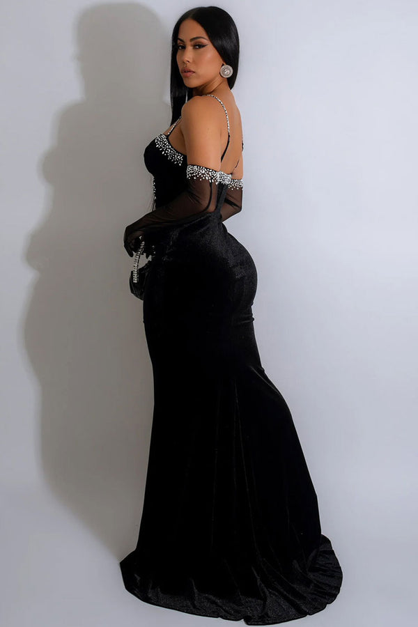 Glamorous Gloved Rhinestone Sweetheart Neck Velvet Evening Maxi Dress - Black