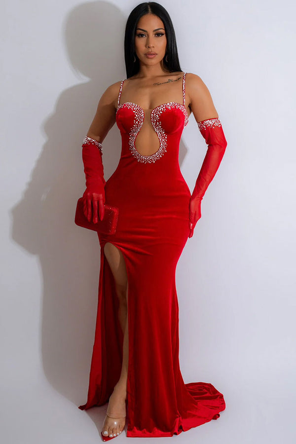Glamorous Gloved Rhinestone Sweetheart Neck Velvet Evening Maxi Dress - Red