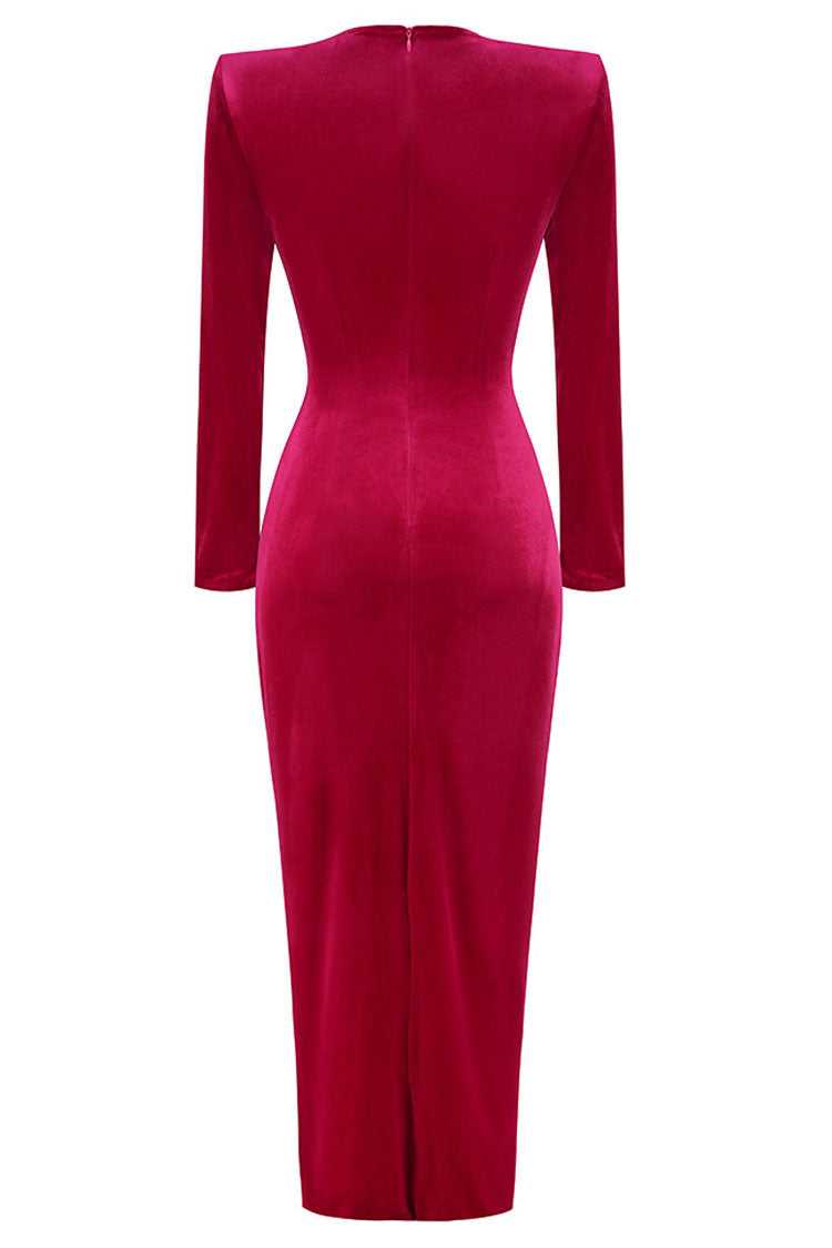 Glamorous Long Sleeve Twist Draped Front Split Velvet Evening Maxi Dress - Rose