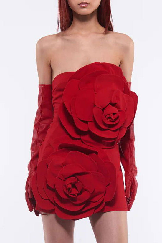 Glamorous Oversized 3D Rosette Applique Strapless Bodycon Party Mini Dress - Red