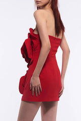 Glamorous Oversized 3D Rosette Applique Strapless Bodycon Party Mini Dress - Red