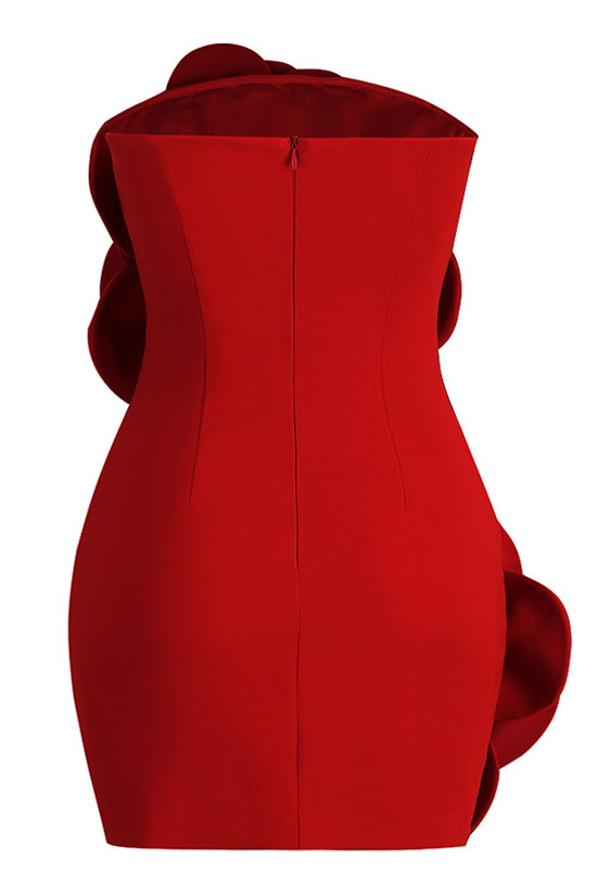 Glamorous Oversized 3D Rosette Applique Strapless Bodycon Party Mini Dress - Red