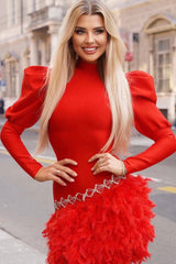 Glamorous Puff Sleeve Rhinestone Faux Feather Trim Party Mini Dress - Red
