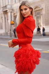 Glamorous Puff Sleeve Rhinestone Faux Feather Trim Party Mini Dress - Red