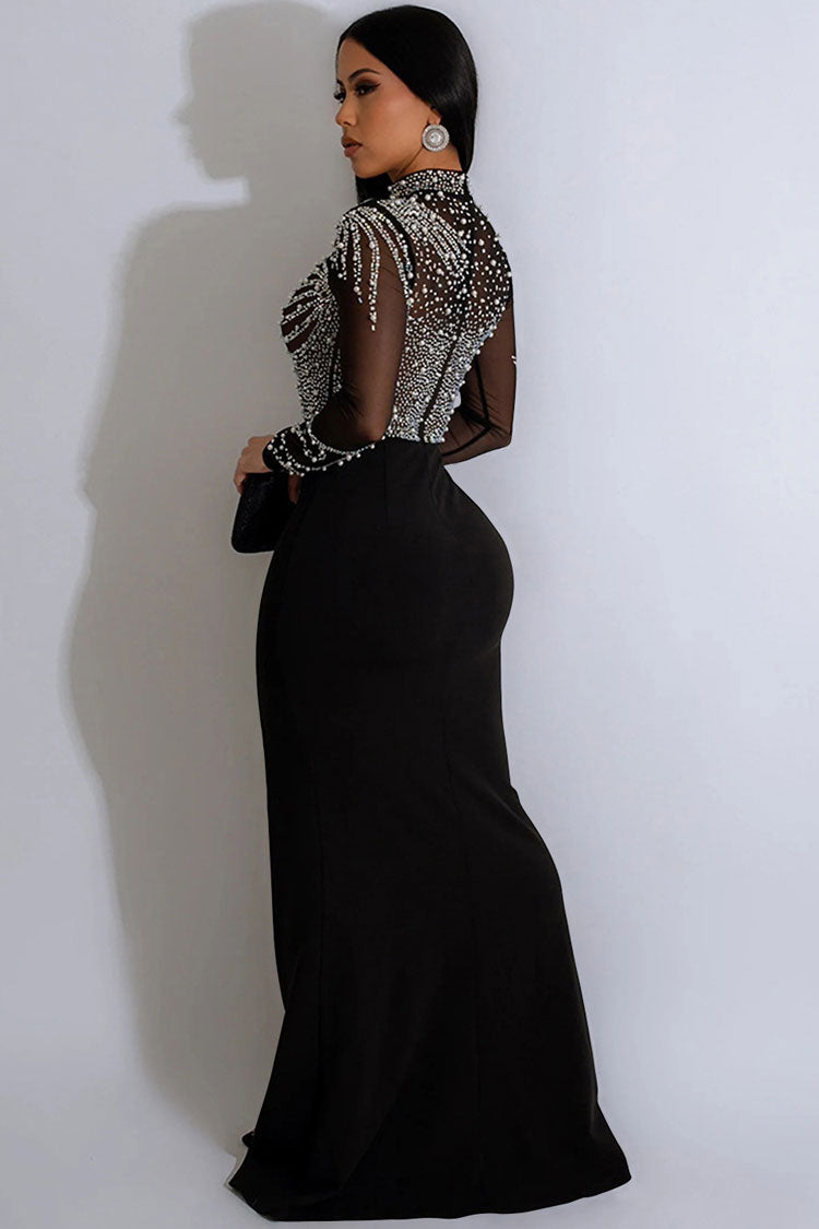 Glamorous Rhinestone Mesh Long Sleeve Split Evening Maxi Dress - Black