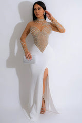 Glamorous Rhinestone Mesh Long Sleeve Split Evening Maxi Dress - White