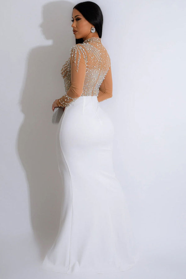 Glamorous Rhinestone Mesh Long Sleeve Split Evening Maxi Dress - White
