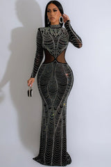 Glamorous Rhinestone Mock Neck Long Sleeve Evening Maxi Dress - Black