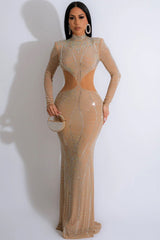 Glamorous Rhinestone Mock Neck Long Sleeve Evening Maxi Dress - Nude