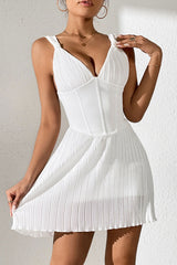 Glamorous Ribbed Deep V Neck Pleated Sleeveless Party Mini Dress - White
