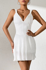 Glamorous Ribbed Deep V Neck Pleated Sleeveless Party Mini Dress - White