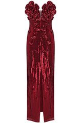 Glamorous Rosette Applique Deep V Strapless Sequin Evening Maxi Dress - Red