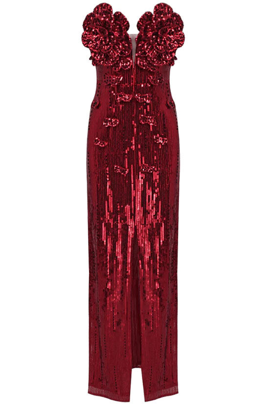 Glamorous Rosette Applique Deep V Strapless Sequin Evening Maxi Dress - Red