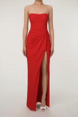 Glamorous Strapless Bustier Corset Draped Ruched Split Evening Maxi Dress