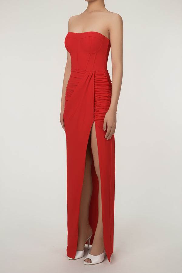 Glamorous Strapless Bustier Corset Draped Ruched Split Evening Maxi Dress