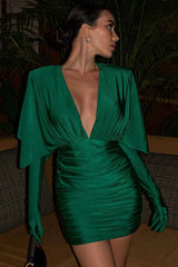 Glitter Plunge Neck Opera Glove Half Sleeve Ruched Party Mini Dress - Emerald Green