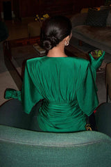 Glitter Plunge Neck Opera Glove Half Sleeve Ruched Party Mini Dress - Emerald Green