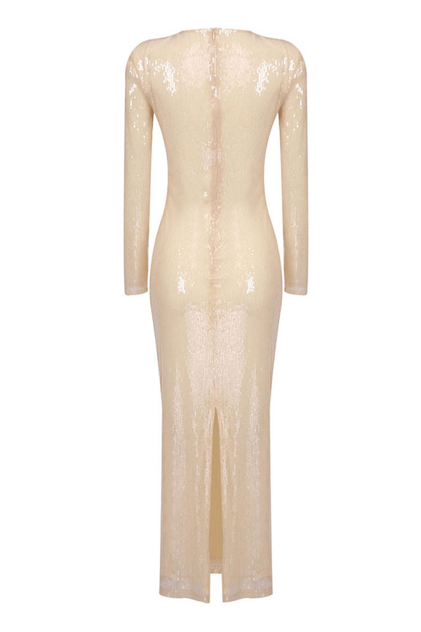 Glitter Rosette V Neck Cutout Ruched Long Sleeve Sequin Evening Maxi Dress