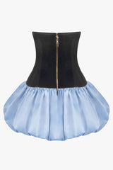 Glossy Bow Plunge Bandeau Velvet Satin Bubble Mini Party Dress