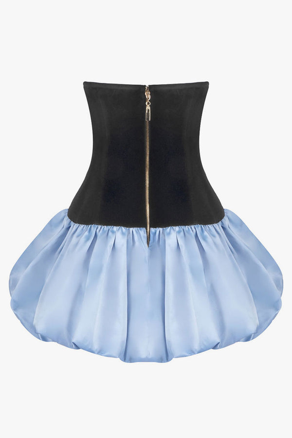 Glossy Bow Plunge Bandeau Velvet Satin Bubble Mini Party Dress