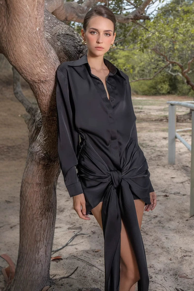 Glossy Collared Button Up Tie Front Ruched Draped Satin Mini Shirt Dress