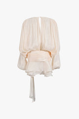 Glossy Tie Neck Pleated Lantern Sleeve Drop Waist Vacation Micro Mini Dress