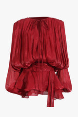 Glossy Tie Neck Pleated Lantern Sleeve Drop Waist Vacation Micro Mini Dress