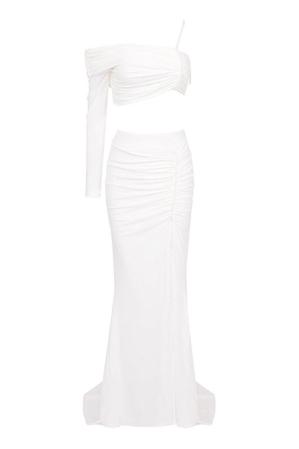 Goddess Beaded One Shoulder Ruched High Rise Long Train Two Piece Maxi Dress