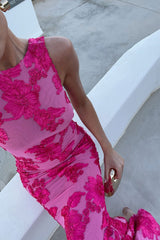 Gorgeous Floral Jacquard Crew Neck Sleeveless Mesh Evening Maxi Dress