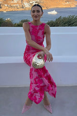 Gorgeous Floral Jacquard Crew Neck Sleeveless Mesh Evening Maxi Dress