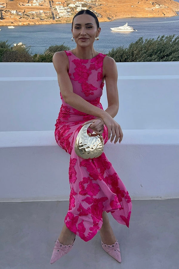 Gorgeous Floral Jacquard Crew Neck Sleeveless Mesh Evening Maxi Dress