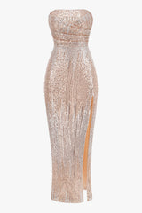 Gorgeous Ruched Strapless High Rise Split Sequin Evening Maxi Dress