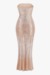 Gorgeous Ruched Strapless High Rise Split Sequin Evening Maxi Dress