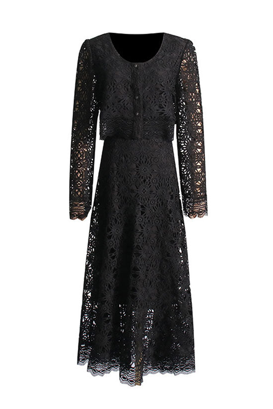 Graceful Button Up High Waist Crochet Lace Two Piece Maxi Dress - Black
