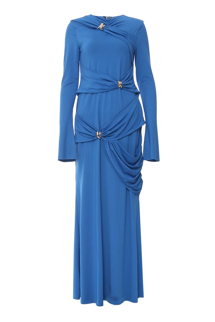 Graceful Metallic Knot Ruched Detail Jersey Fishtail Evening Maxi Dress