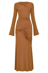 Graceful Metallic Knot Ruched Detail Jersey Evening Maxi Dress - Brown