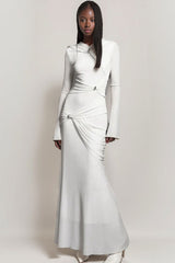 Graceful Metallic Knot Ruched Detail Jersey Fishtail Evening Maxi Dress