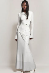 Graceful Metallic Knot Ruched Detail Jersey Evening Maxi Dress - White