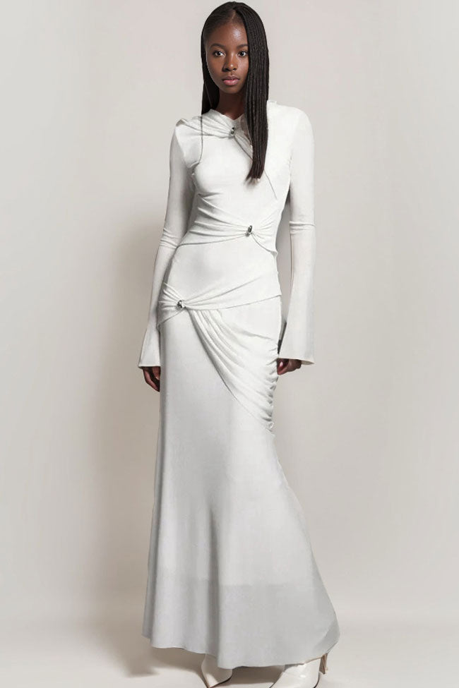 Graceful Metallic Knot Ruched Detail Jersey Evening Maxi Dress - White
