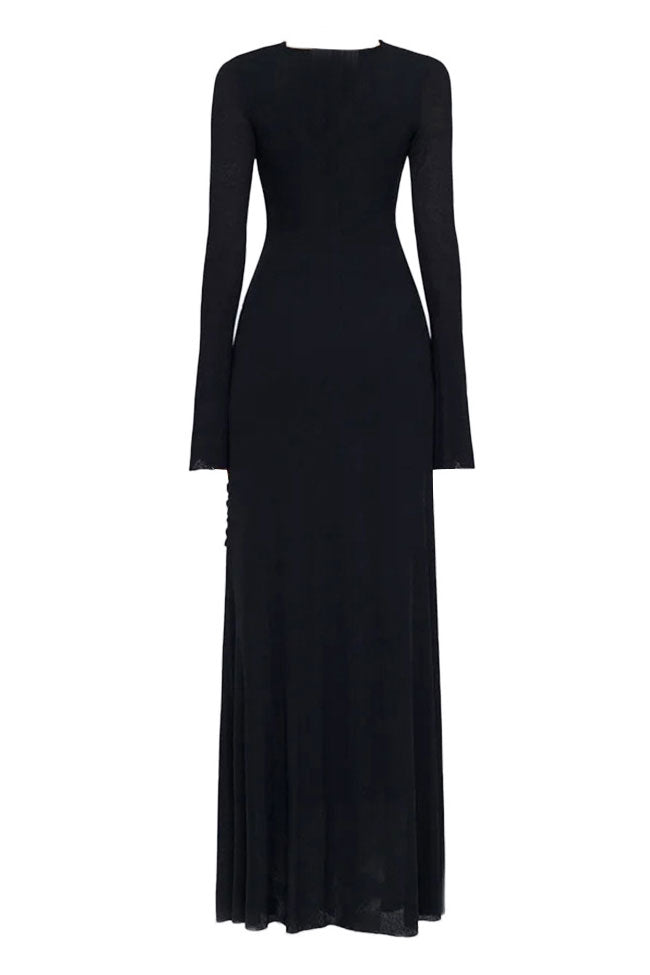 Graceful Metallic Knot Ruched Detail Jersey Evening Maxi Dress - Black