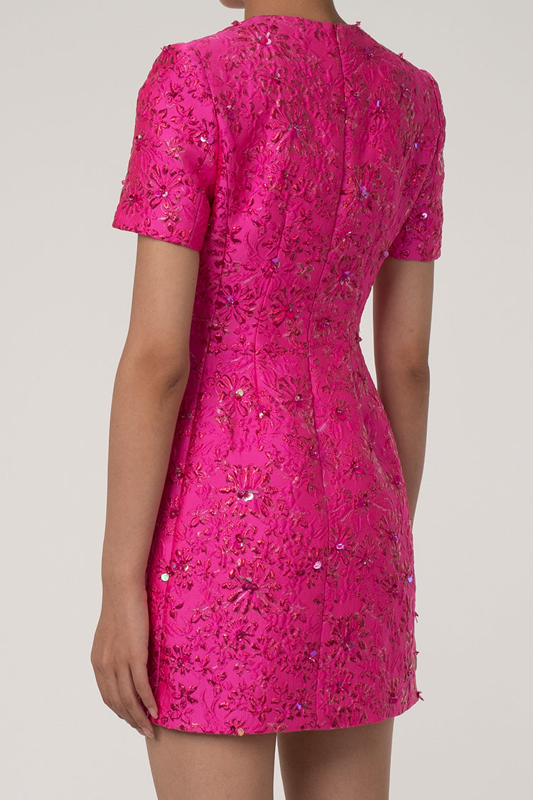 Intricate Sequin Lurex Jacquard Floral Crew Neck Short Sleeve Party Mi Rosedress