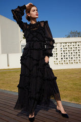 Iridescent Frill Neck Bishop Sleeve Ruffle Tulle Evening Maxi Dress - Black
