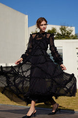 Iridescent Frill Neck Bishop Sleeve Ruffle Tulle Evening Maxi Dress - Black