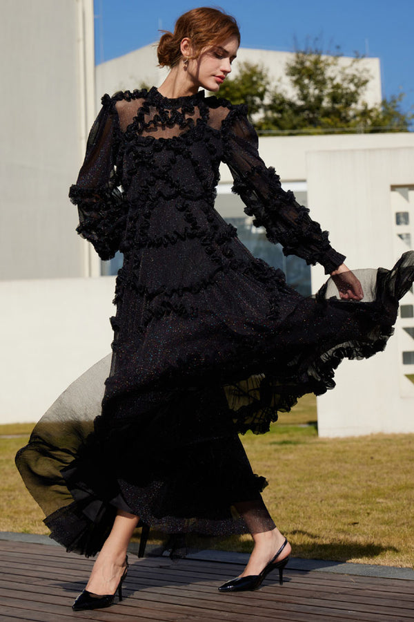 Iridescent Frill Neck Bishop Sleeve Ruffle Tulle Evening Maxi Dress - Black
