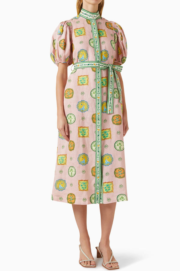 Joyful Scrawl Button Up Belted Blend Linen Summer Vacation Midi Dress