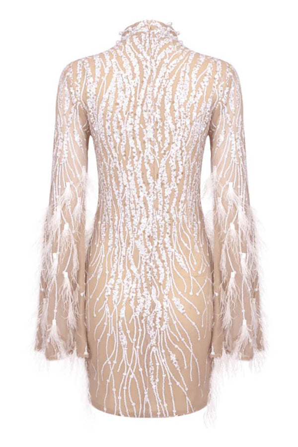 Lavish Feather Beaded Mock Neck Sheer Mesh Sequin Party Mini Dress
