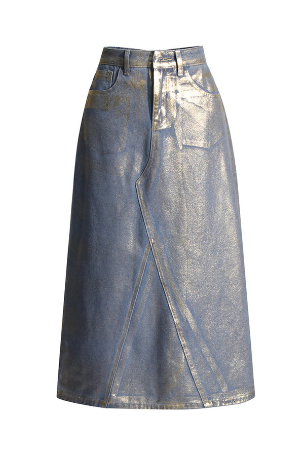 Lavish Gold Foil Light Wash High Waist Contrast A Line Midi Denim Skirt